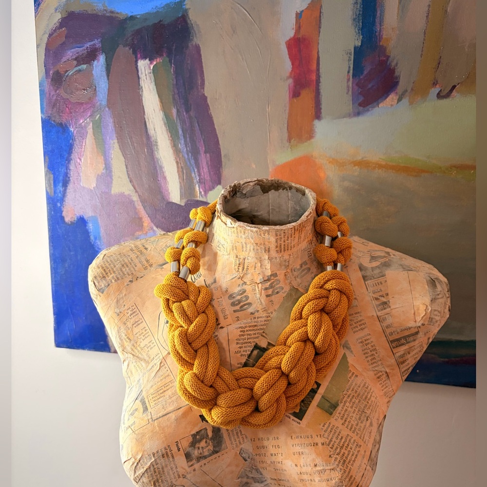 Chunky Braided Necklace in Mustard Yellow with Silver Details.